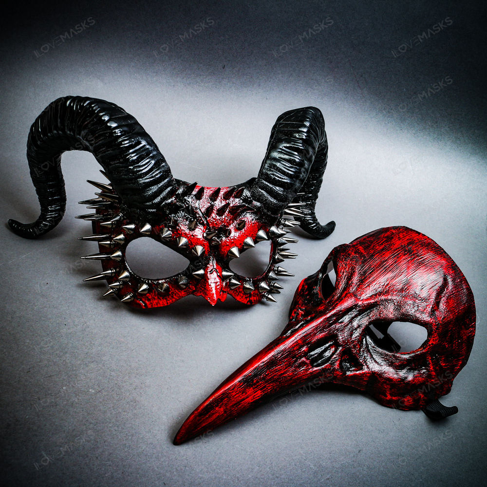 Bloddy Red Bird Nose Raven Devil Ram Horns Halloween Spikes Costume Couple Mask